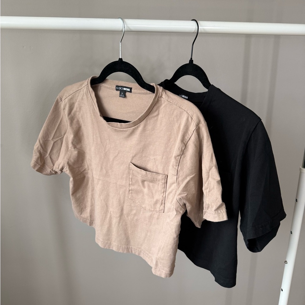 Fashion Nova Beige & Black Cropped Pocket Tee